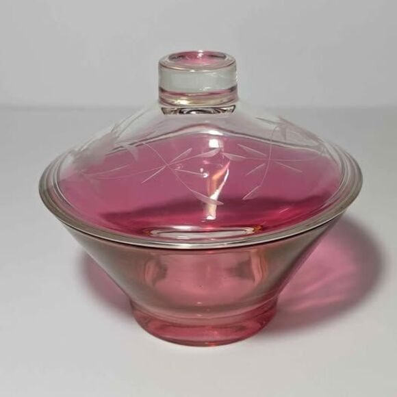 Cranberry Glass Candy Dish Etched Vintage - Picture 5 of 7